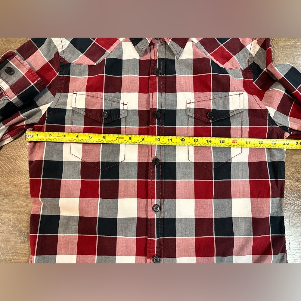 Express Men's Maroon/ White Plaid Button Up Fitted Shirt Size M Front Pockets - Picture 12 of 16